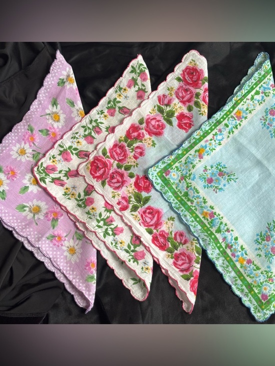 Vintage Accessories - Vintage Floral Handkerchief Set - Pink, Red, Green, Blue